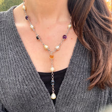 Load image into Gallery viewer, 14KT White Gold Paspaley Pearl, Citrine, Amethyst + Blue Topaz Station Lariat Necklace - Legacy Saint Jewelry