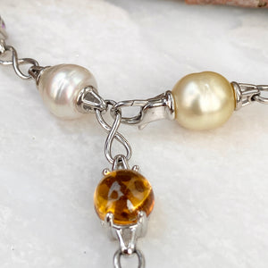 14KT White Gold Paspaley Pearl, Citrine, Amethyst + Blue Topaz Station Lariat Necklace - Legacy Saint Jewelry