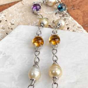 14KT White Gold Paspaley Pearl, Citrine, Amethyst + Blue Topaz Station Lariat Necklace - Legacy Saint Jewelry