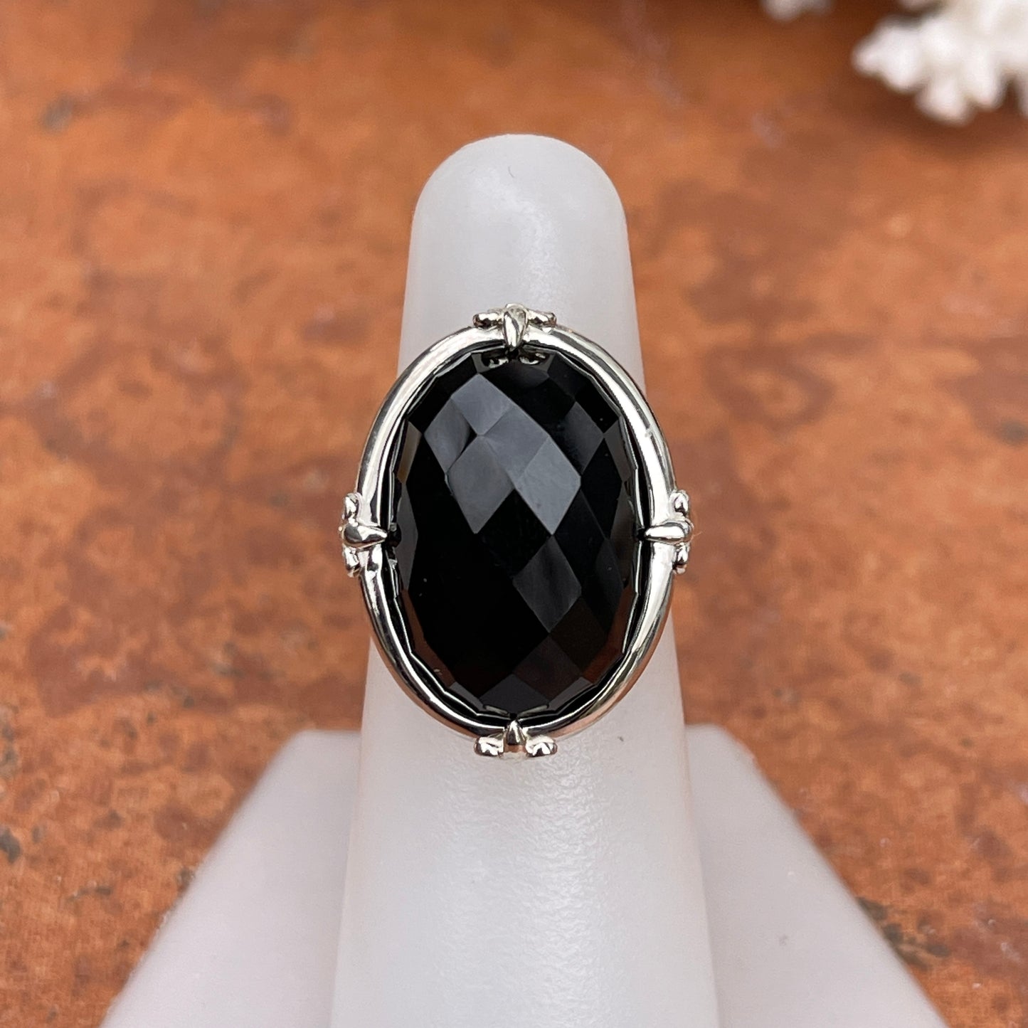 Sterling Silver Oval Genuine Black Onyx Fleur de Lis Ring