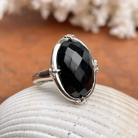 Sterling Silver Oval Genuine Black Onyx Fleur de Lis Ring