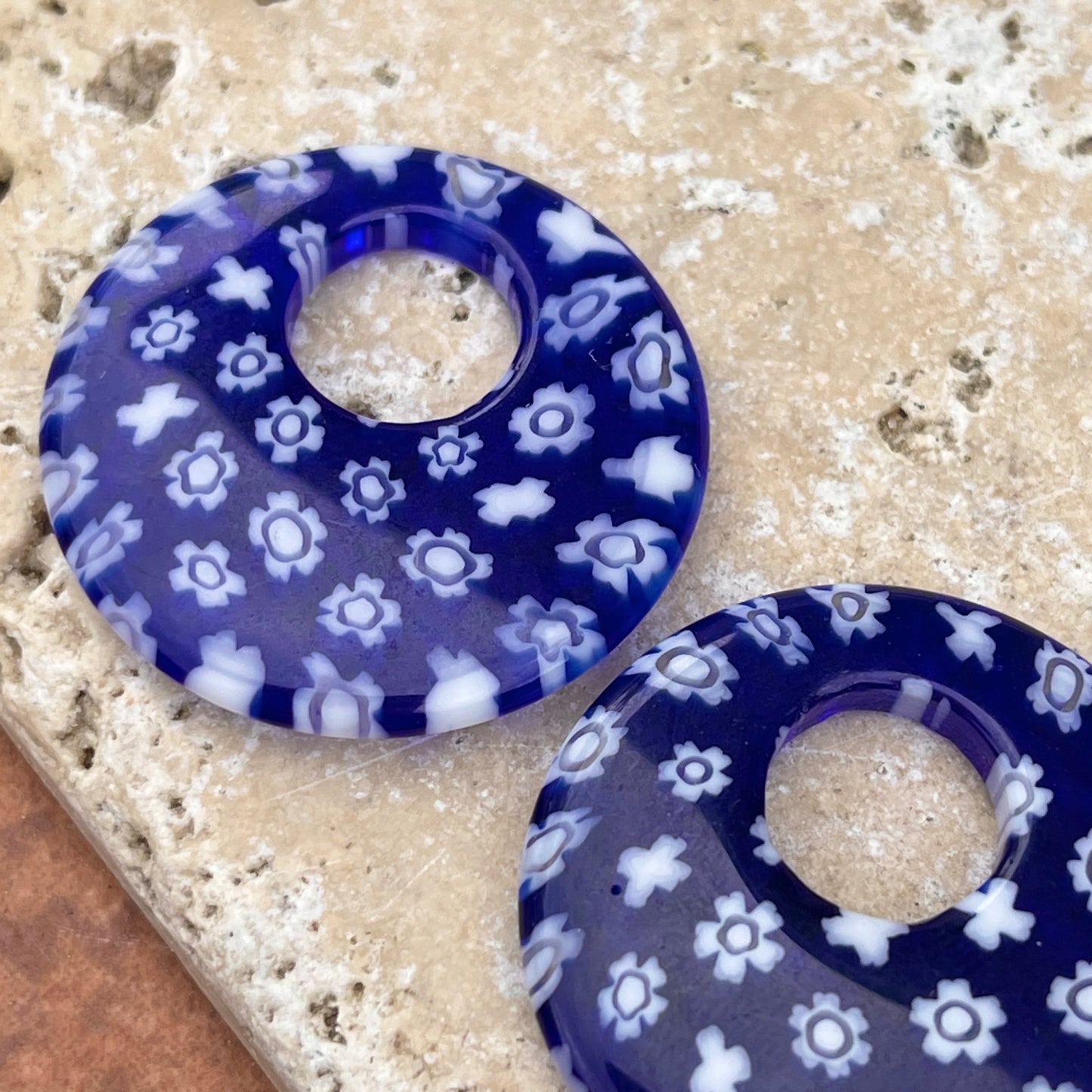 Cobalt Blue Glass Flower Design Round Disc Earring Charms