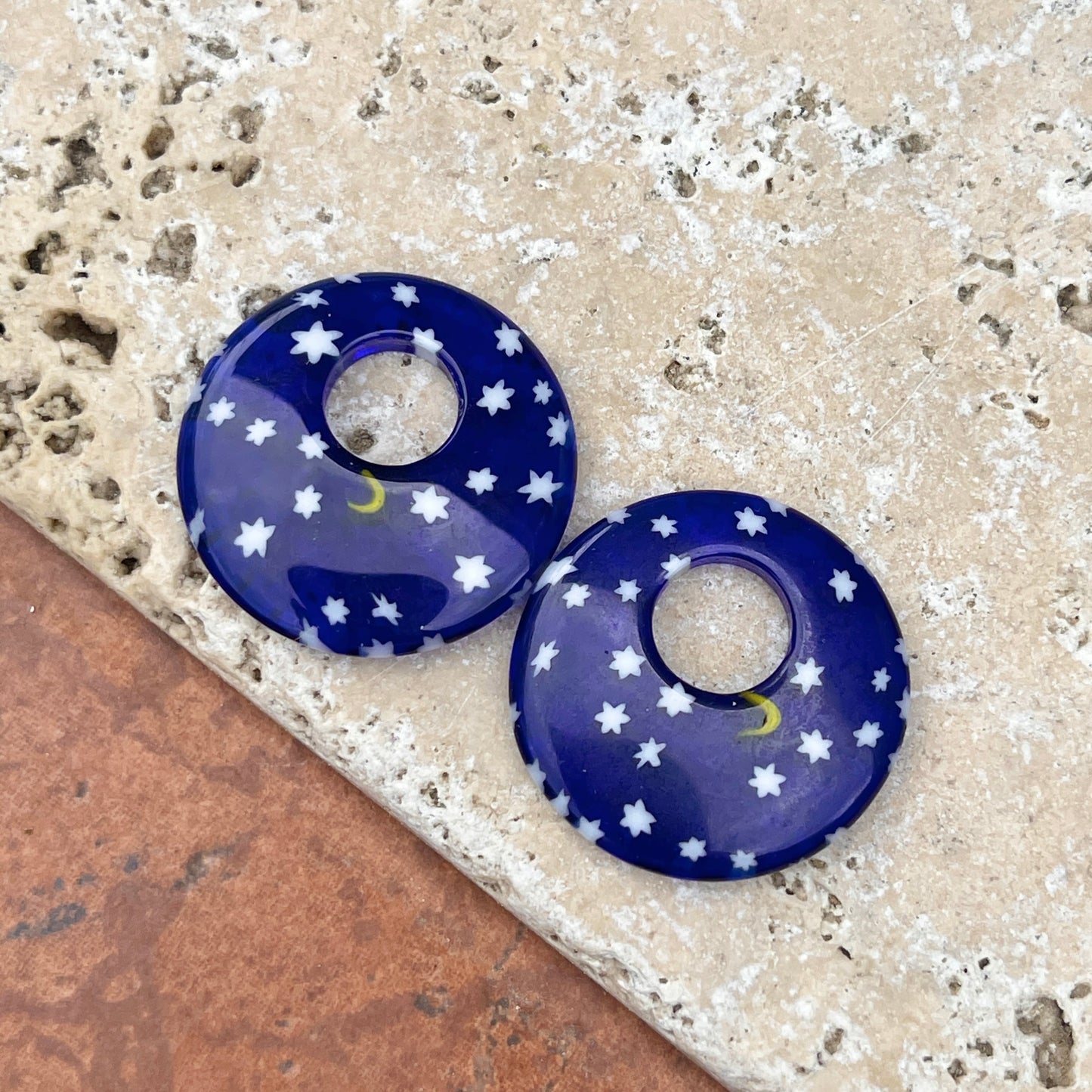 Cobalt Blue Glass Moon + Star Round Disc Earring Charms