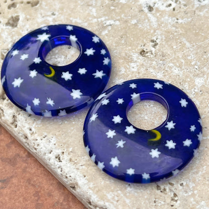 Cobalt Blue Glass Moon + Star Round Disc Earring Charms