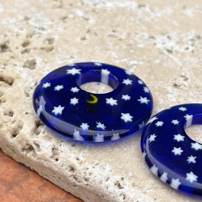 Cobalt Blue Glass Moon + Star Round Disc Earring Charms