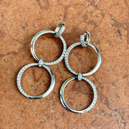 Estate 18KT White Gold Pave Diamond Huggie Hoop Dangle Circle Earrings