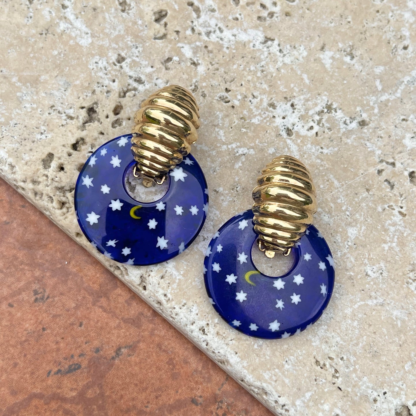 Cobalt Blue Glass Moon + Star Round Disc Earring Charms