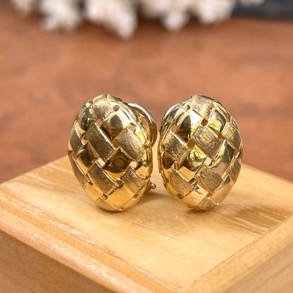 Estate 14KT Yellow Gold Matte Basket Weave Oval Omega Earrings