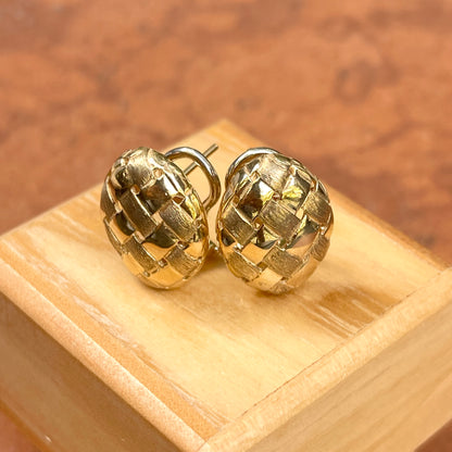 Estate 14KT Yellow Gold Matte Basket Weave Oval Omega Earrings