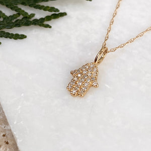 14KT Yellow Gold Pave Diamond "Hand of Fatima" Hamsa Pendant Charm - Legacy Saint Jewelry