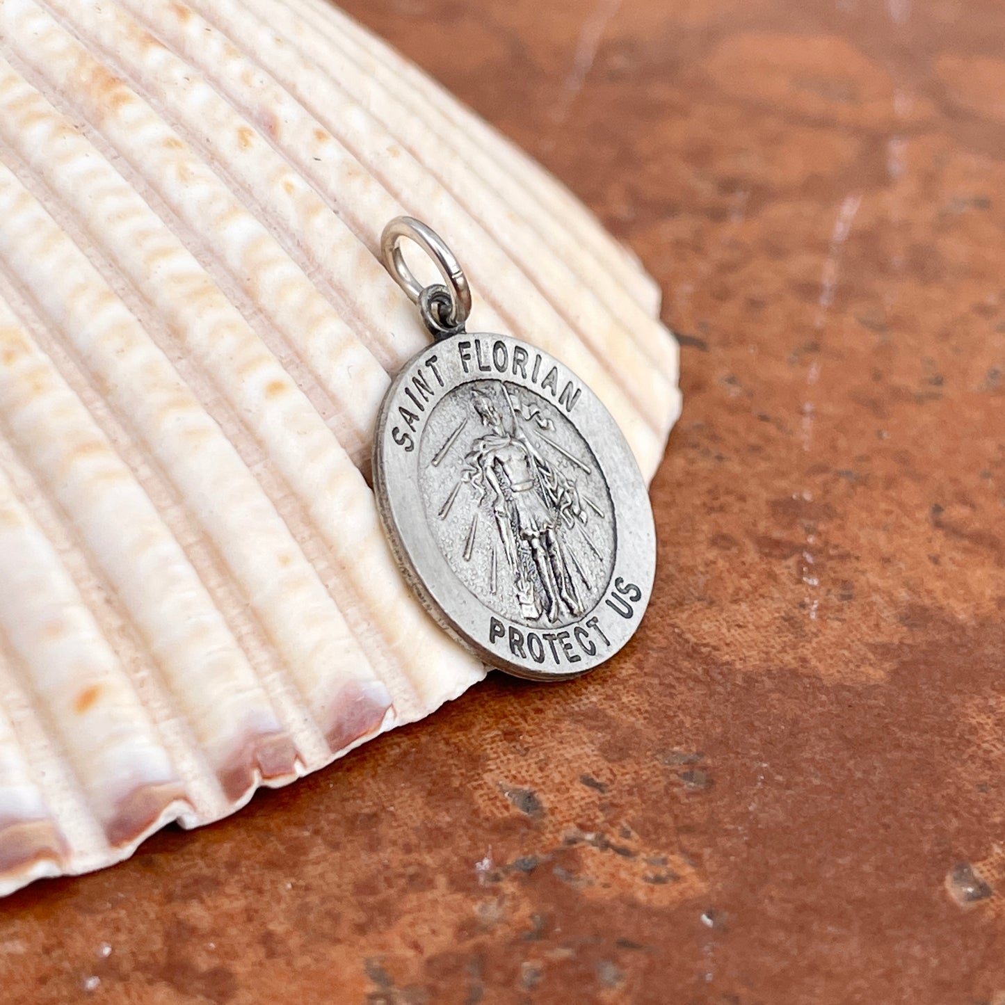 Sterling Silver Antiqued Saint Florian Protect Us Round Medal Pendant 20mm
