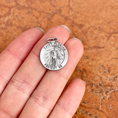 Sterling Silver Antiqued Saint Florian Protect Us Round Medal Pendant 20mm