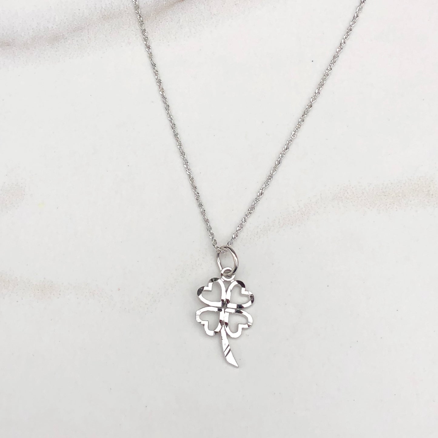 10KT White Gold Diamond-Cut 4-Leaf Clover Pendant Charm, 10KT White Gold Diamond-Cut 4-Leaf Clover Pendant Charm - Legacy Saint Jewelry