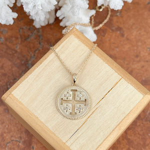 14KT Yellow Gold Jerusalem Cross .025 CT Diamond Medal Pendant Necklace