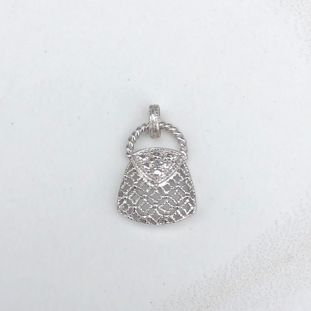 14KT White Gold Pave Diamond Purse Handbag Vintage Inspired Pendant, 14KT White Gold Pave Diamond Purse Handbag Vintage Inspired Pendant - Legacy Saint Jewelry