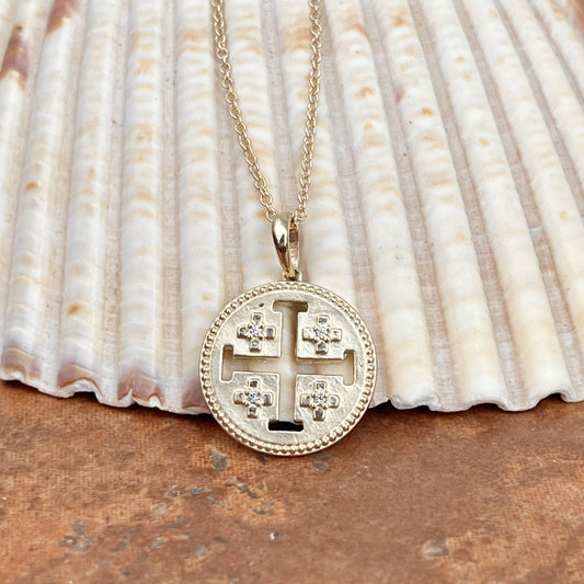 14KT Yellow Gold Jerusalem Cross .025 CT Diamond Medal Pendant Necklace