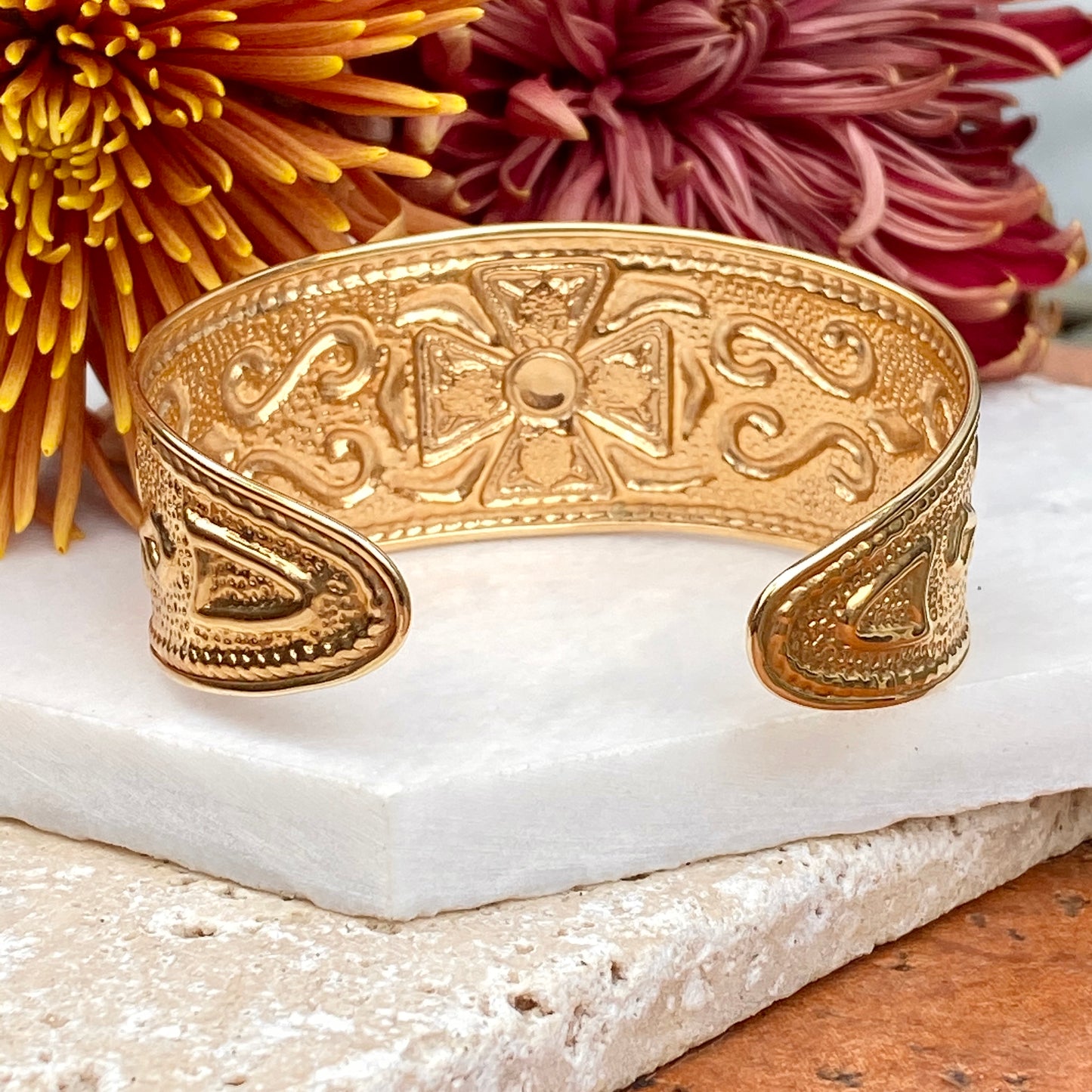 Estate 14KT Yellow Gold Etruscan Gemstones Cross Cuff Bracelet, Estate 14KT Yellow Gold Etruscan Gemstones Cross Cuff Bracelet - Legacy Saint Jewelry