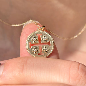 14KT Yellow Gold Jerusalem Cross .025 CT Diamond Medal Pendant Necklace