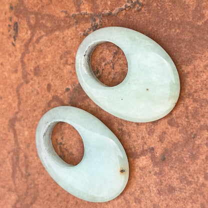 Estate Genuine Pale Serpentine Jade Oval Disc Gemstone Earring Charms
