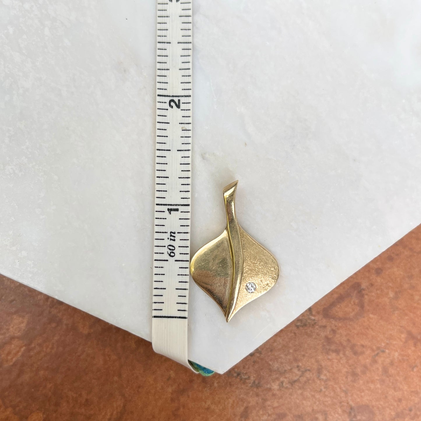 Estate 14KT Yellow Gold Matte + Shiny Aspen Leaf Diamond Pendant Slide