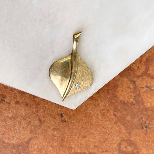 Estate 14KT Yellow Gold Matte + Shiny Aspen Leaf Diamond Pendant Slide