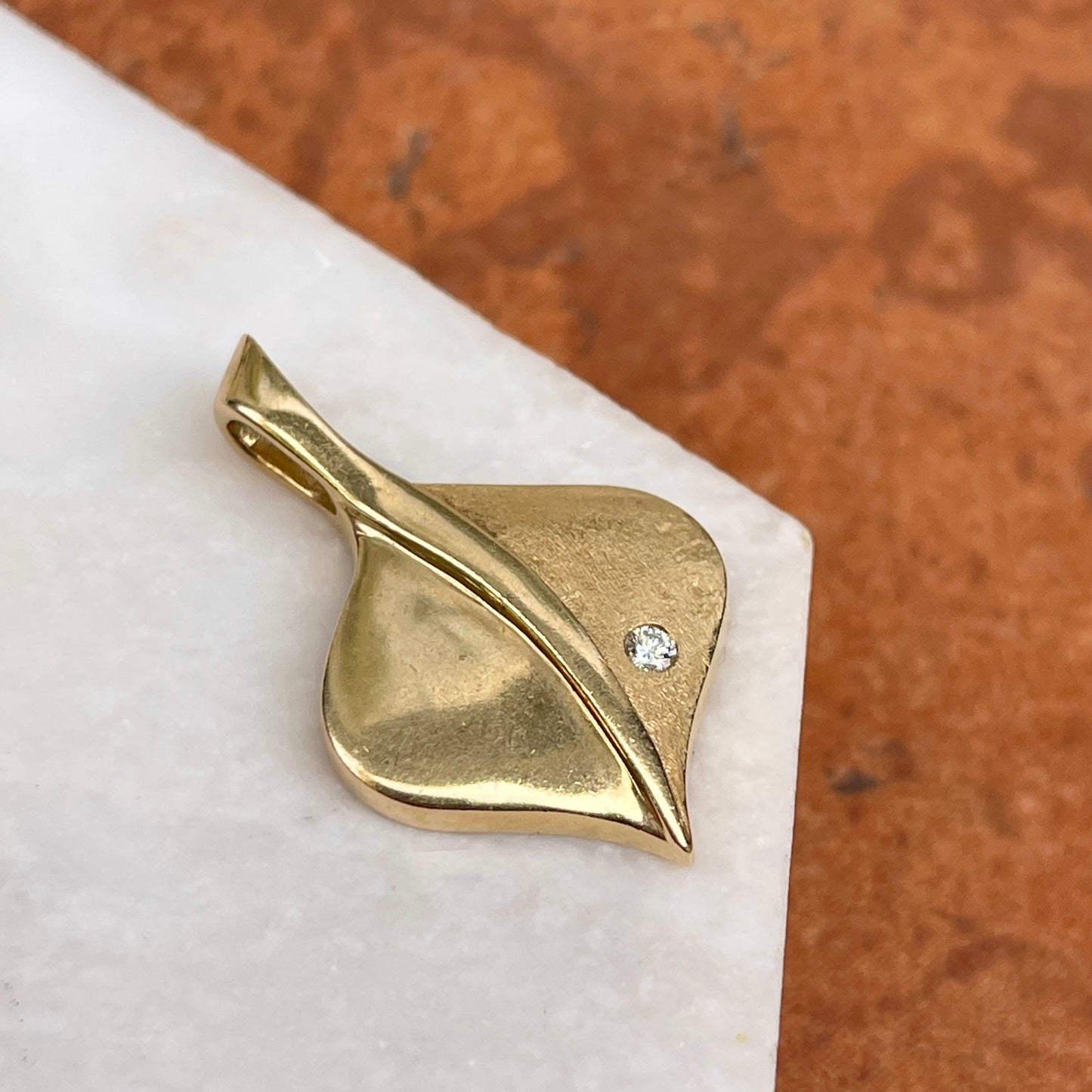 Estate 14KT Yellow Gold Matte + Shiny Aspen Leaf Diamond Pendant Slide