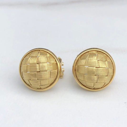 Estate 18KT Yellow Gold Mesh Basket Weave Button Omega Back Earrings - Legacy Saint Jewelry