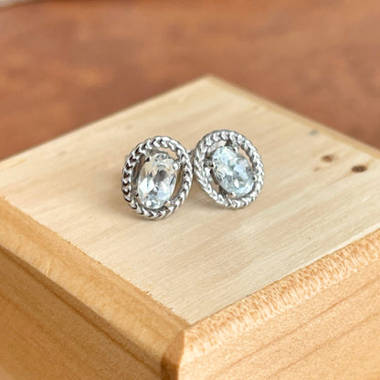 Sterling Silver Oval Genuine Aquamarine Rope Twist Stud Earrings