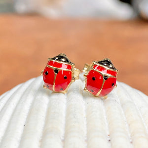 14KT Yellow Gold Red Enamel Ladybug Post Stud Earrings, 14KT Yellow Gold Red Enamel Ladybug Post Stud Earrings - Legacy Saint Jewelry