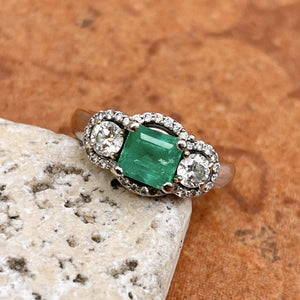 Estate 18KT White Gold Emerald + Diamond 3 Stone Halo Ring - LSJ