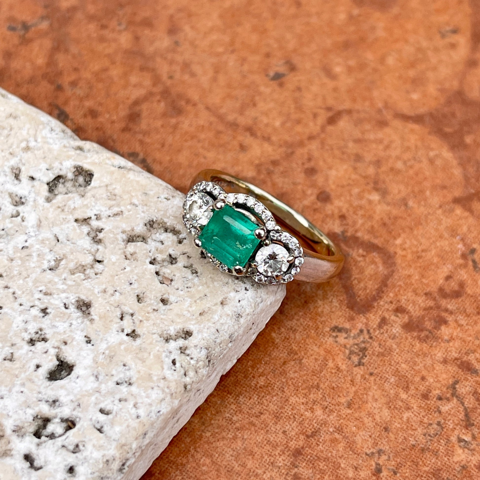 Estate 18KT White Gold Emerald + Diamond 3 Stone Halo Ring - LSJ