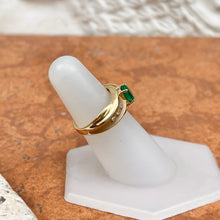 Load image into Gallery viewer, Estate 14KT Yellow Gold Matte Oval Emerald + Gypsy-Set Diamond Ring