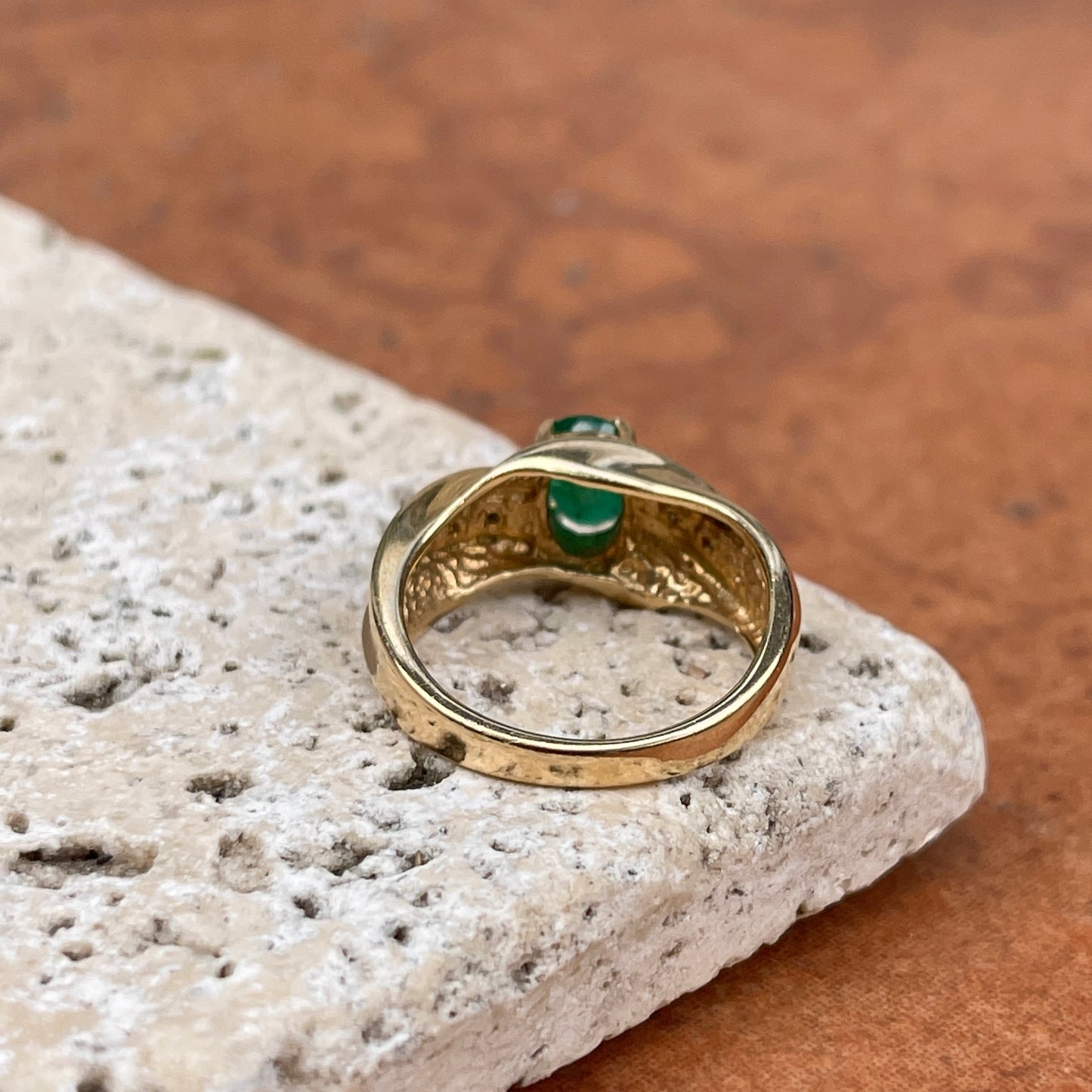 Estate 14KT Yellow Gold Matte Oval Emerald + Gypsy-Set Diamond Ring