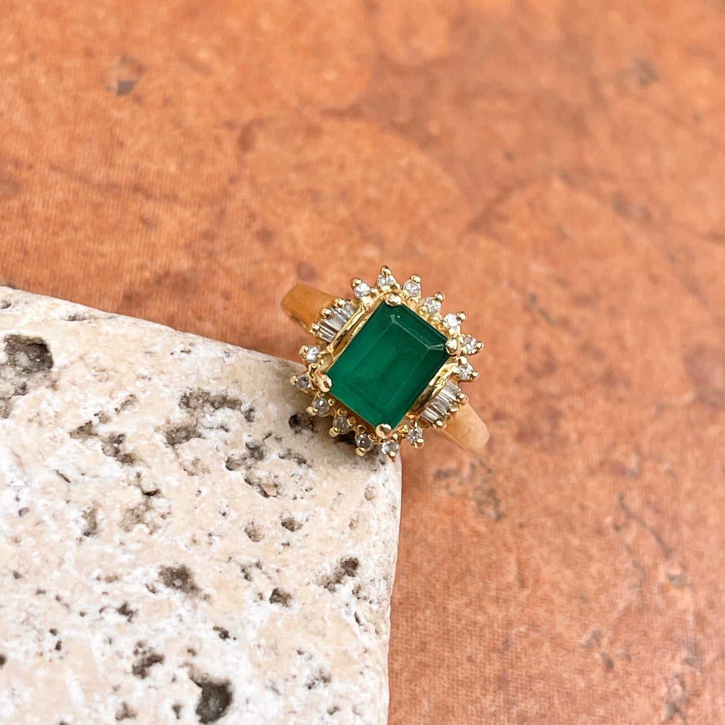 Estate 14KT Yellow Gold 2.00 CT Lab Emerald-Cut Emerald + Baguette Diamond Halo Ring