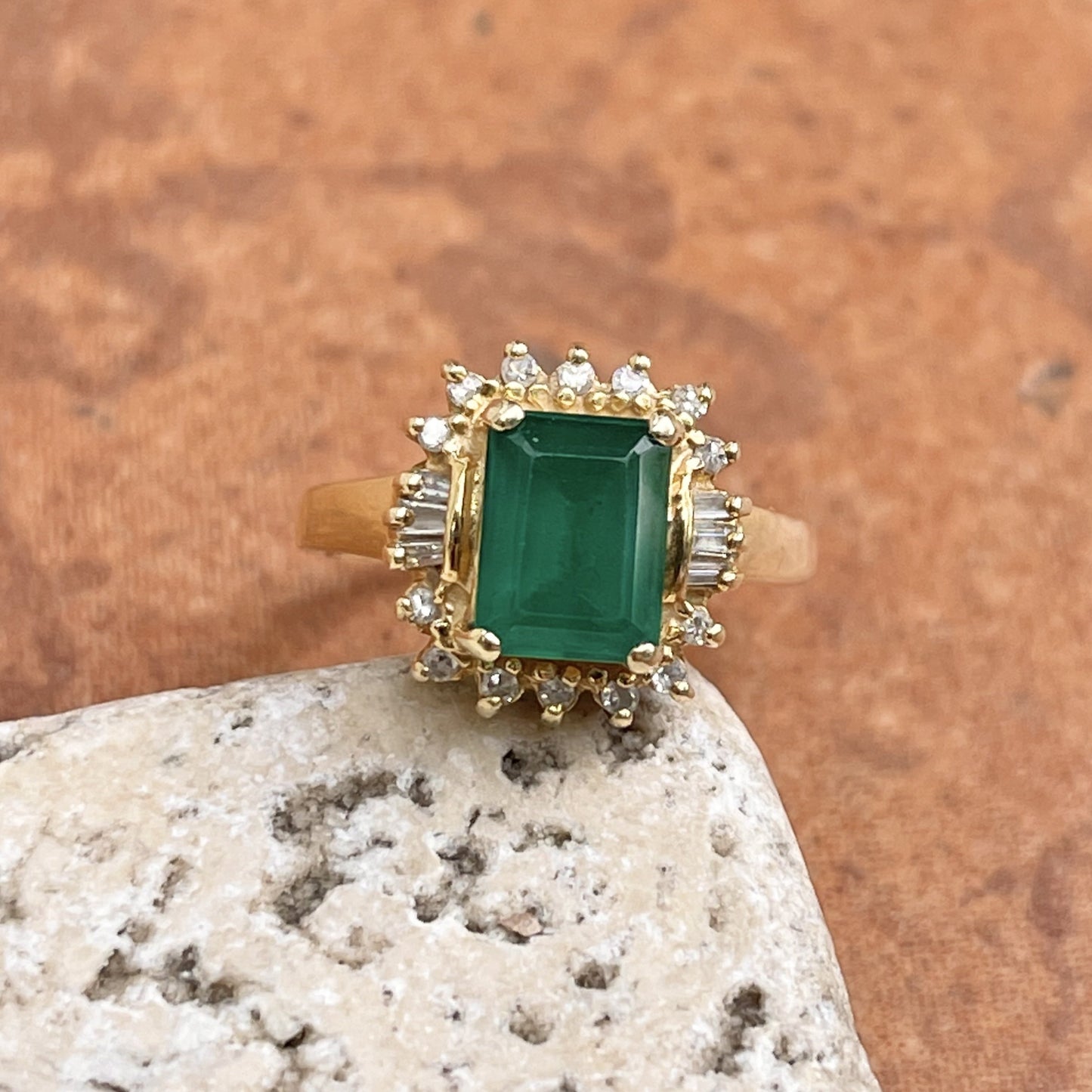 Estate 14KT Yellow Gold 2.00 CT Lab Emerald-Cut Emerald + Baguette Diamond Halo Ring