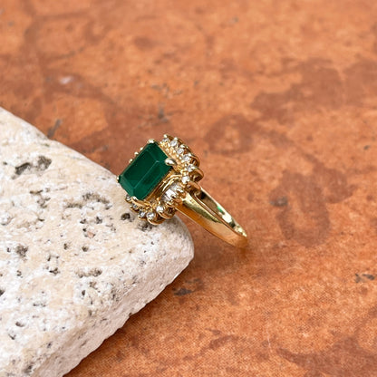 Estate 14KT Yellow Gold 2.00 CT Lab Emerald-Cut Emerald + Baguette Diamond Halo Ring