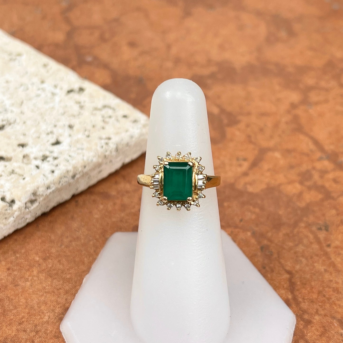 Estate 14KT Yellow Gold 2.00 CT Lab Emerald-Cut Emerald + Baguette Diamond Halo Ring