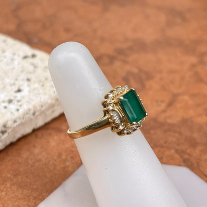 Estate 14KT Yellow Gold 2.00 CT Lab Emerald-Cut Emerald + Baguette Diamond Halo Ring