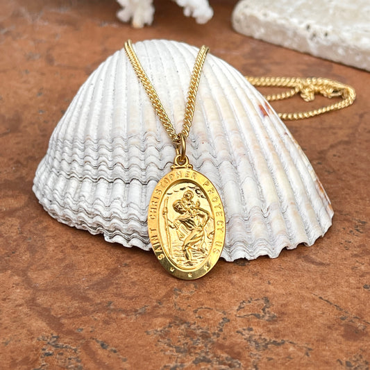 24KT Yellow Gold Plated Oval Saint Christopher Medal Chain Necklace 24"