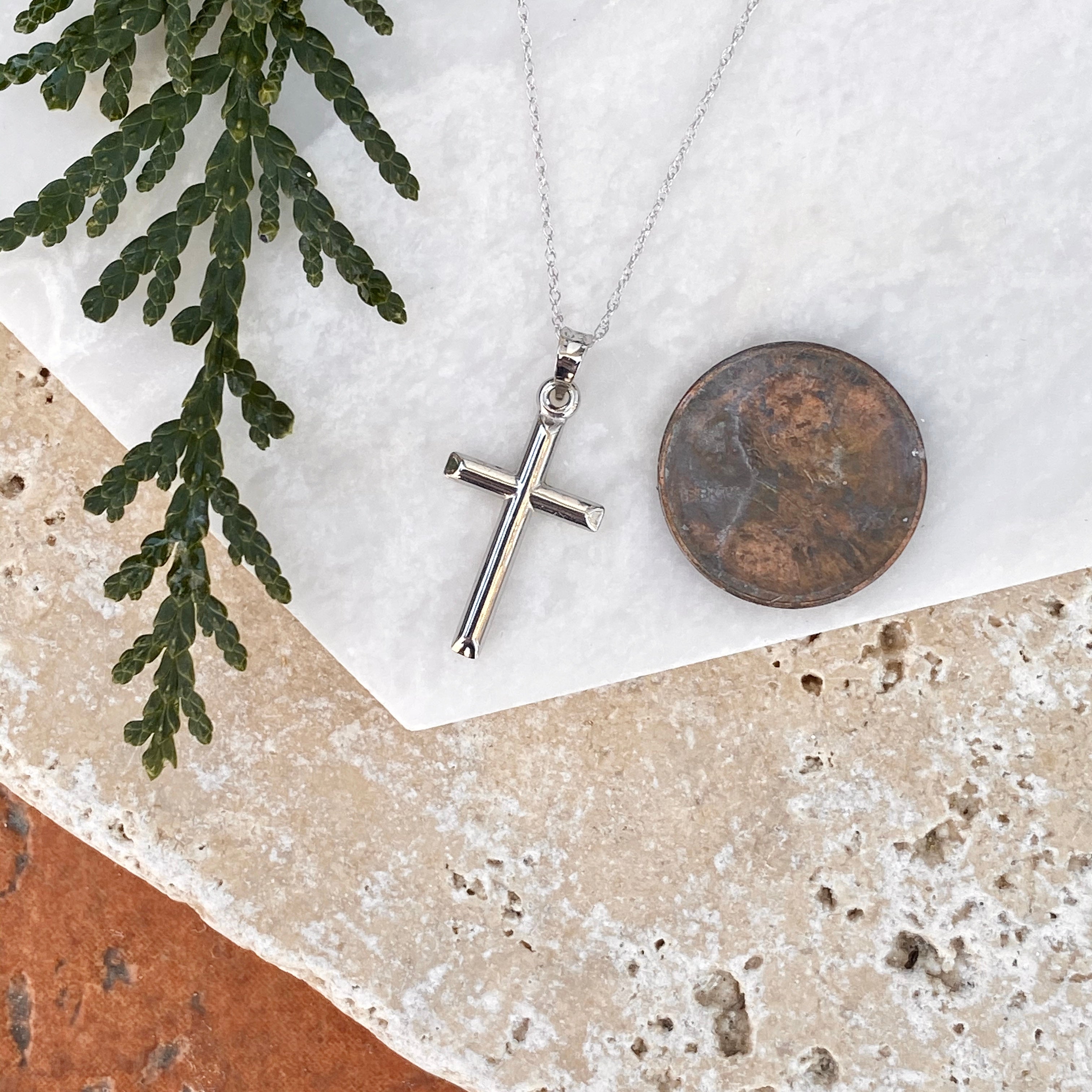 10KT White Gold Cross Plain Pendant Chain Necklace LSJ