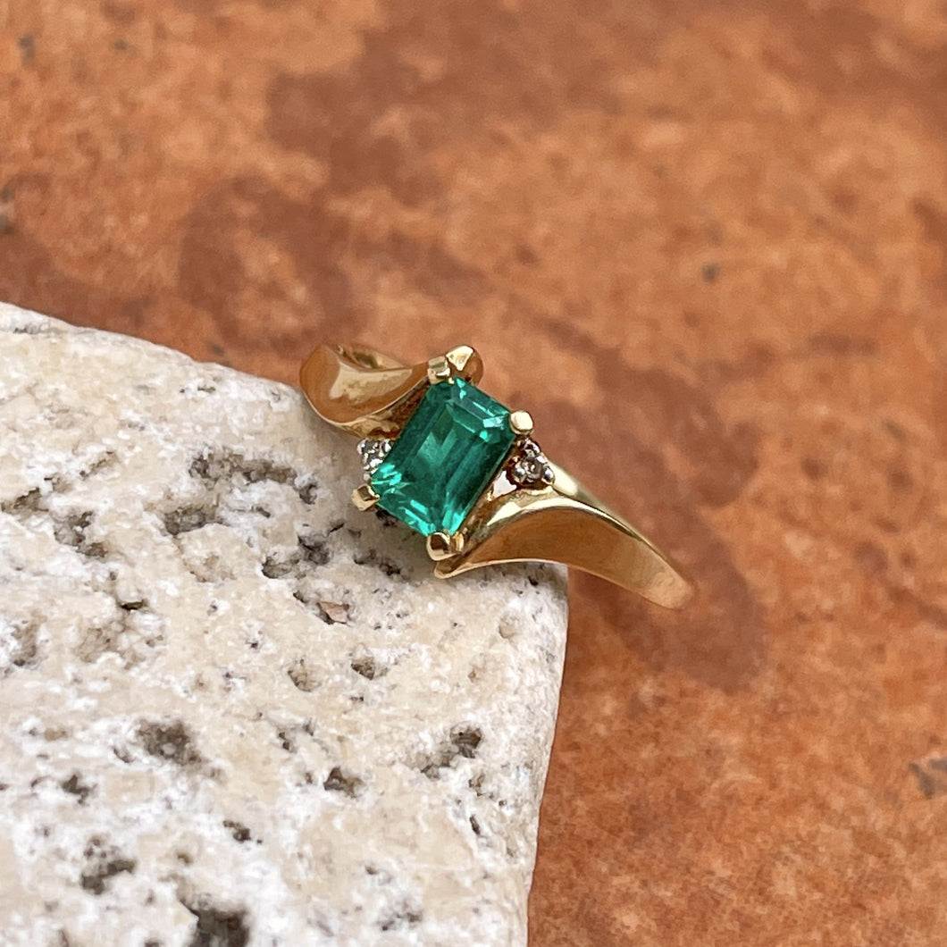 Estate 10KT Yellow Gold Rectangle Lab Emerald + Diamond Ring