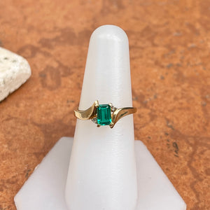 Estate 10KT Yellow Gold Rectangle Lab Emerald + Diamond Ring
