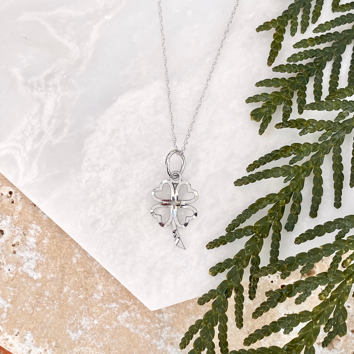 OOO 10KT White Gold Diamond-Cut 4-Leaf Clover Pendant Necklace, OOO 10KT White Gold Diamond-Cut 4-Leaf Clover Pendant Necklace - Legacy Saint Jewelry