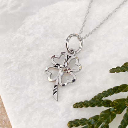 OOO 10KT White Gold Diamond-Cut 4-Leaf Clover Pendant Necklace, OOO 10KT White Gold Diamond-Cut 4-Leaf Clover Pendant Necklace - Legacy Saint Jewelry