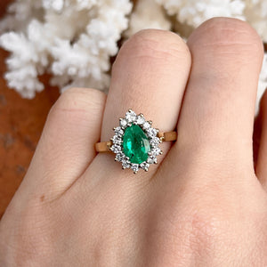 Estate 14KT Yellow Gold 1.50 CT Pear Emerald + Diamond Halo Ring
