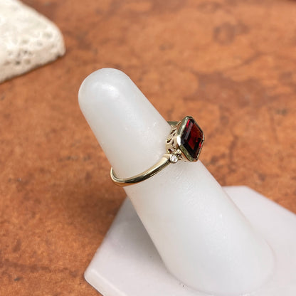 14KT Yellow Gold Bezel-Set Octagonal Red Garnet + Accent Diamond Ring