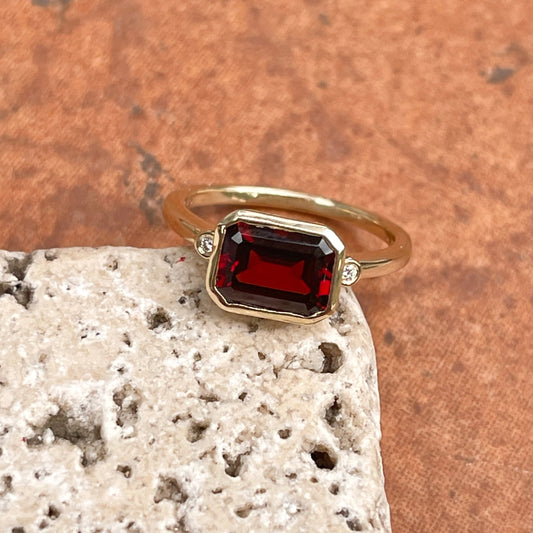 14KT Yellow Gold Bezel-Set Octagonal Red Garnet + Accent Diamond Ring