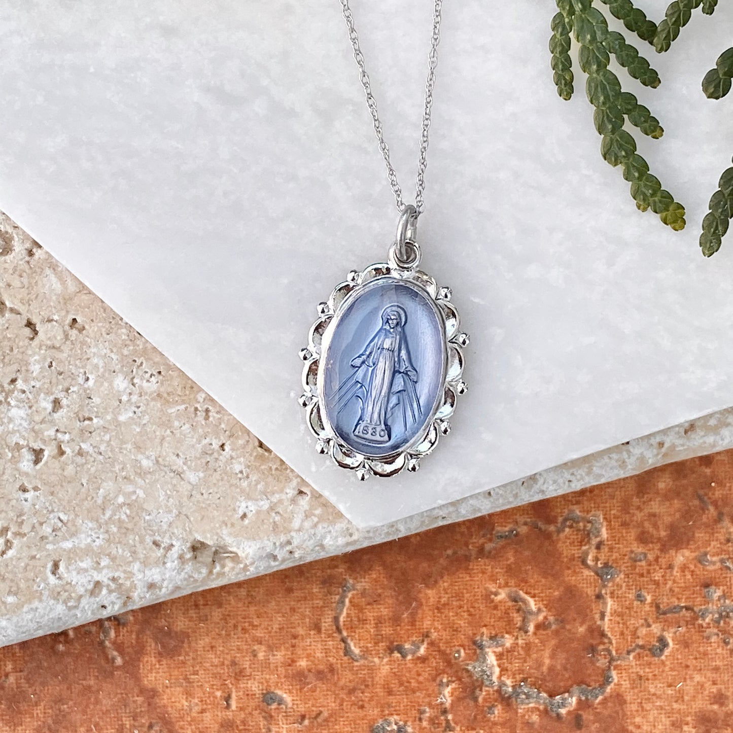 Sterling Silver Blue Miraculous Medal Pendant 26mm, Sterling Silver Blue Miraculous Medal Pendant 26mm - Legacy Saint Jewelry