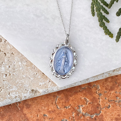 Sterling Silver Blue Miraculous Medal Pendant 26mm, Sterling Silver Blue Miraculous Medal Pendant 26mm - Legacy Saint Jewelry