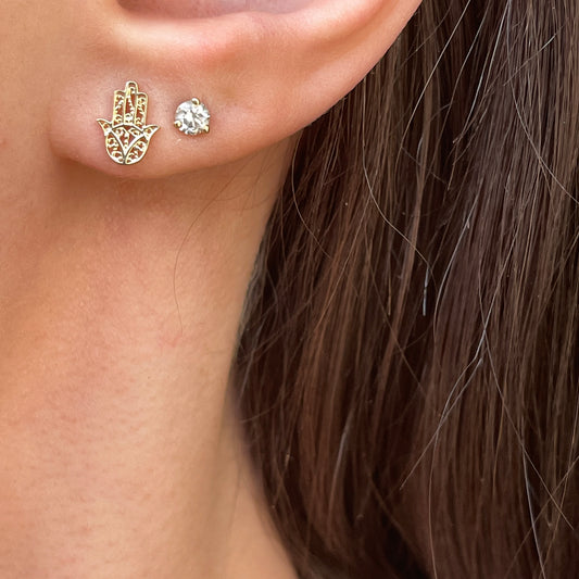 14KT Yellow Gold Filigree Hamsa Mini Stud Post Earrings